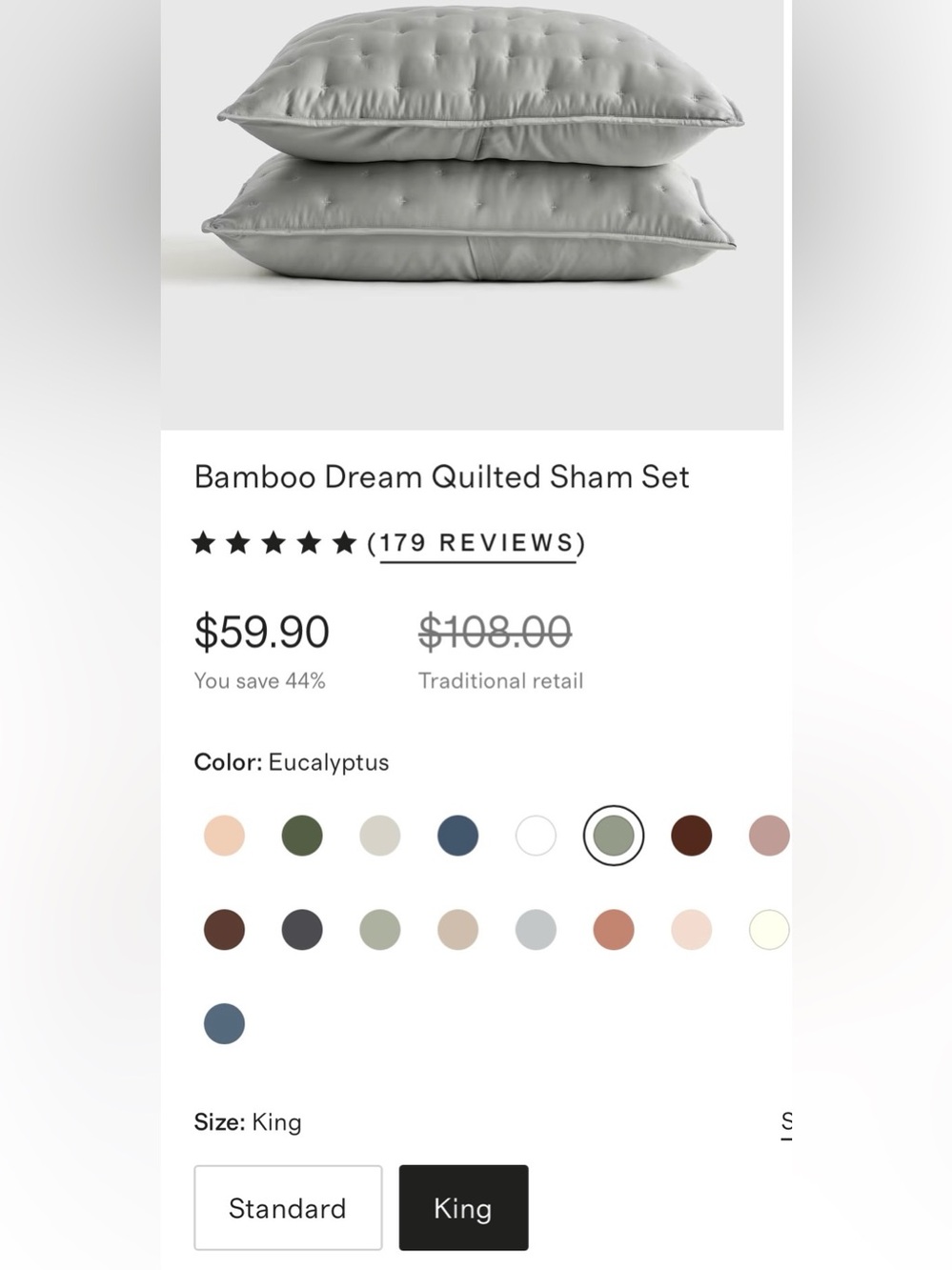 NWOT Quince Bamboo Dream Quilted Sham Set, King (Eucalyptus) - Picture 2 of 5